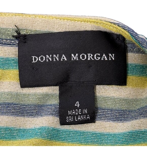 Donna Morgan Dress Short Sleeve Striped Metallic Green Yellow Elastic Waist Sz 4 - Picture 4 of 9